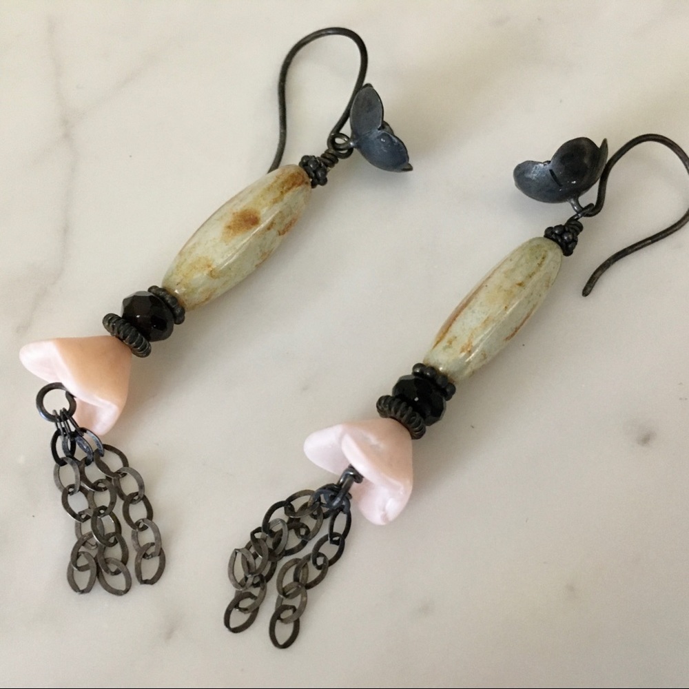 Shaded Flower Vintage Art Glass Bead & Silver Earrings